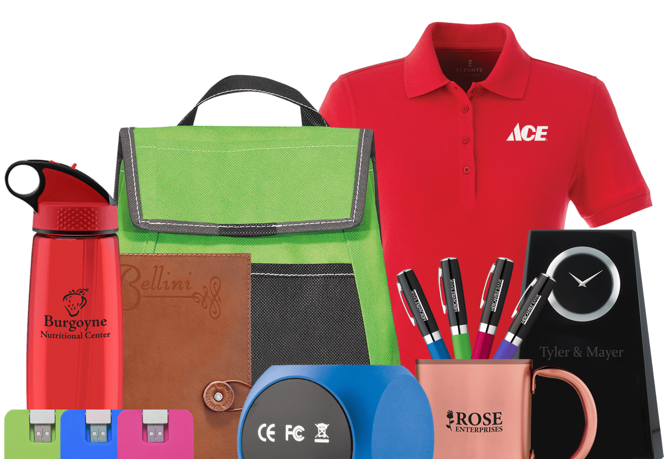 Branded products: a water bottle, a lunch bag, a polo shirt, a leather journal, pens, a mug, a speaker, USB drives and a desk clock